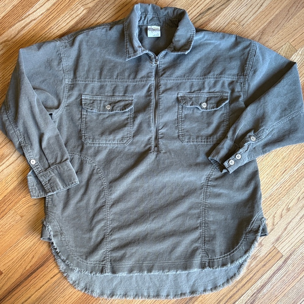 Offline small oversized corduroy olive green quarter-Zip Utility Shirt Jacket